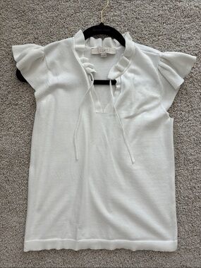 LOFT White Tie-Neck Ruffle Sleeve Knit Top